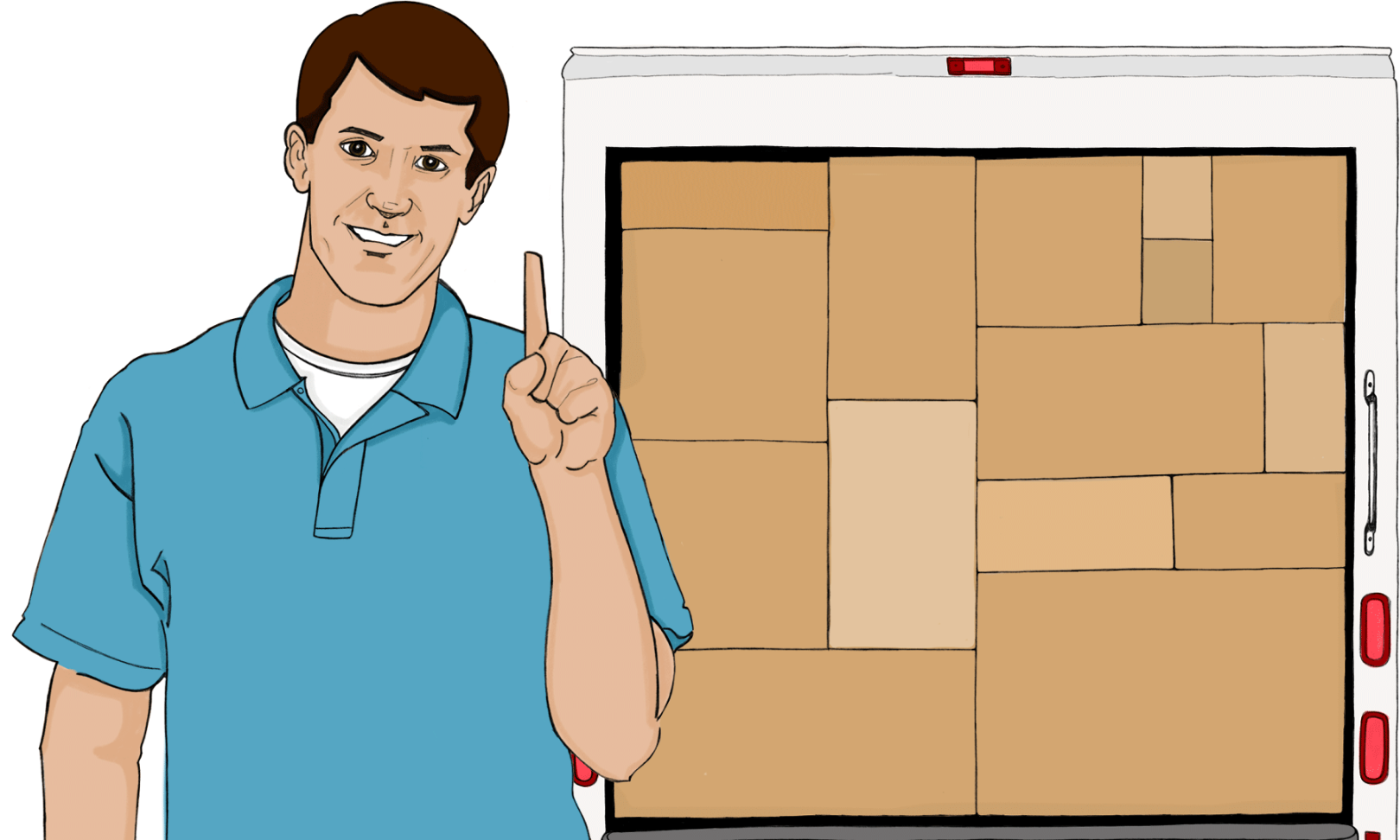 Man holding up finger standing in front of moving truc