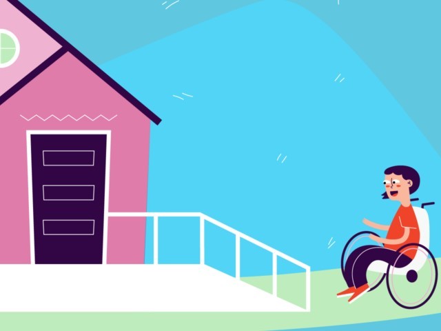 Illustration of child in a wheelchair and a ramp going up to a house.
