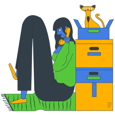 Illustration of a woman on the phone next to a cat sitting on moving boxes