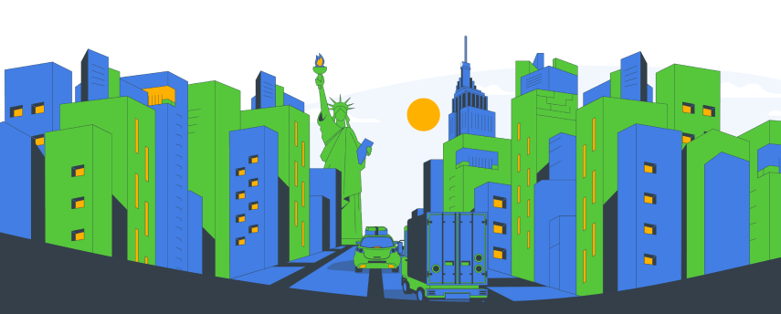 Illustration of New York city skyline with moving truck in the street