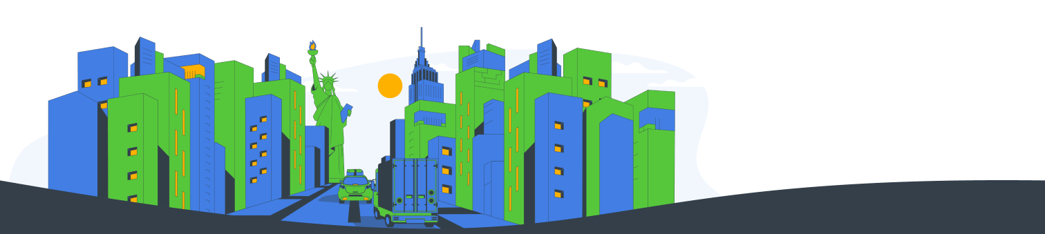 Illustration of New York city skyline with moving truck in the street