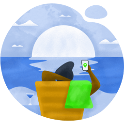 Illustration of person with cell phone relaxing on a beach