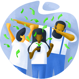 Illustration of three people celebrating with money flying around them