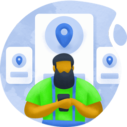 Illustration of person looking at a cell phone with pictures of location markers behind him