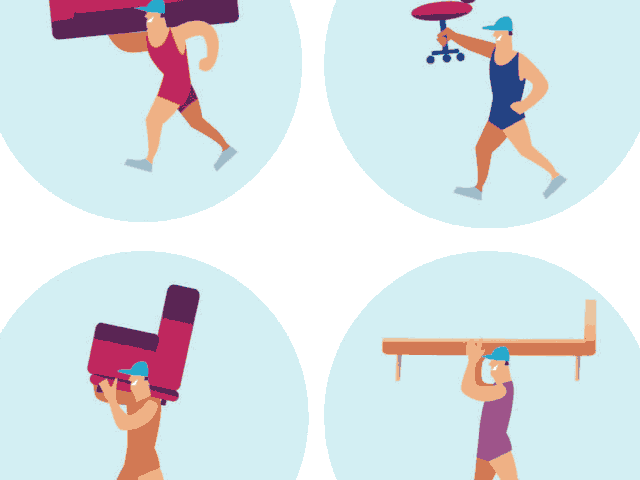 Illustration of several different movers carrying furniture