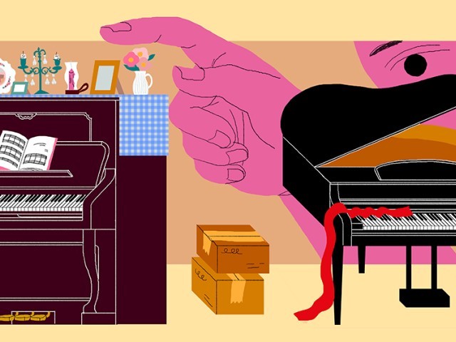 Illustration of two pianos in an apartment with a giant hand pointing to them