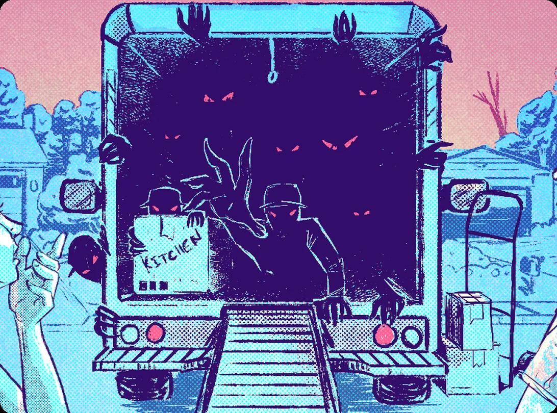 A moving truck with scary figures coming out of it