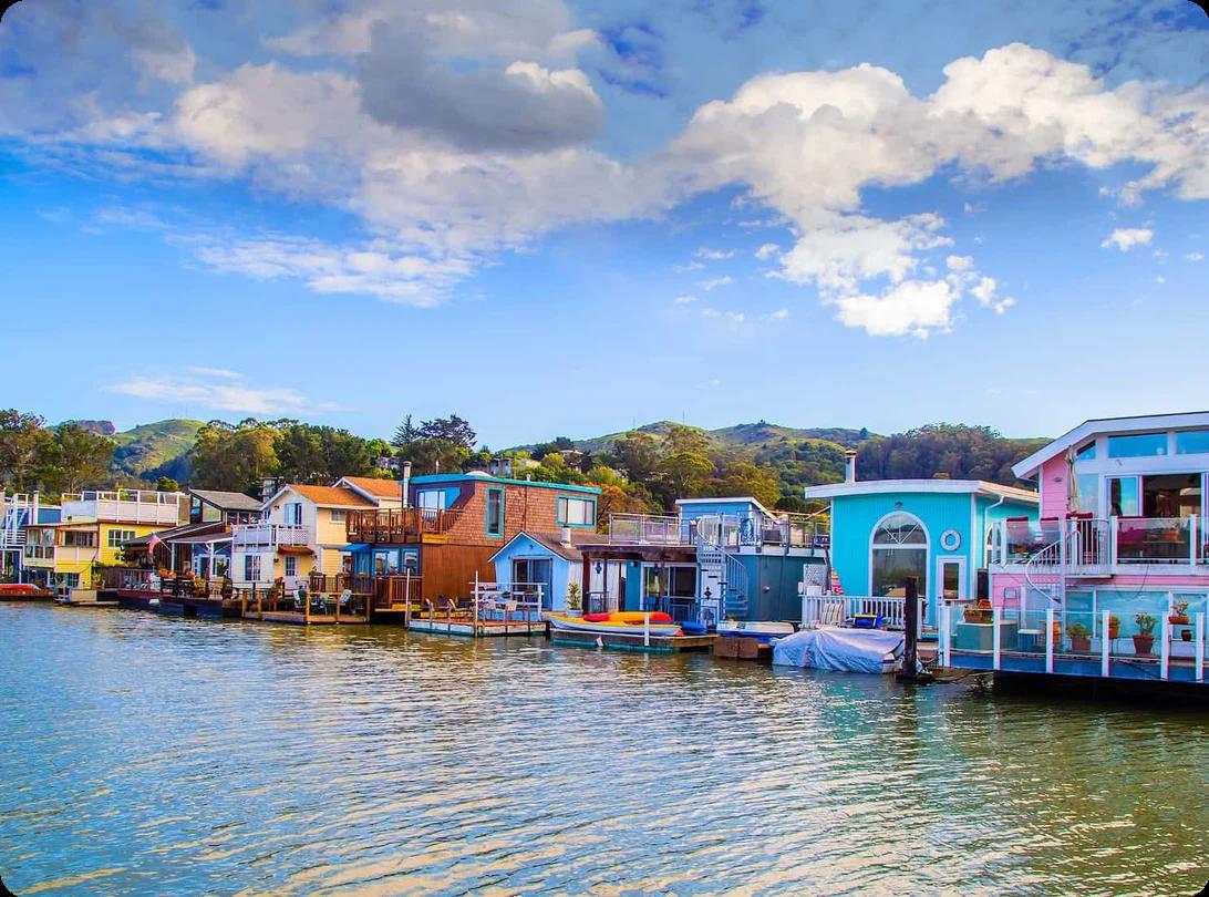 a neighborhood of colorful floating homes on a harbor