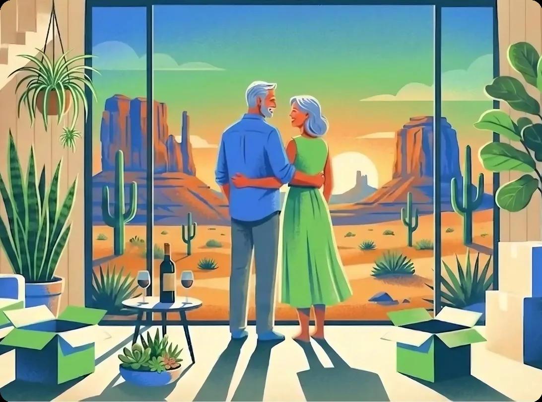 Senior couple on a sunlit porch overlooking a residential street