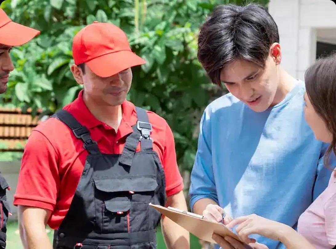 Professional movers talking with customers outside a home before a move