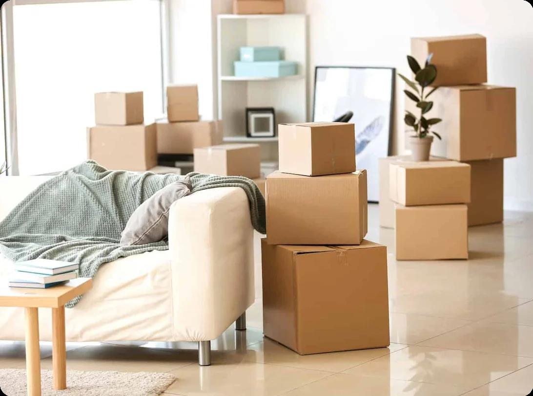 a living room packed with various cardboard moving boxes