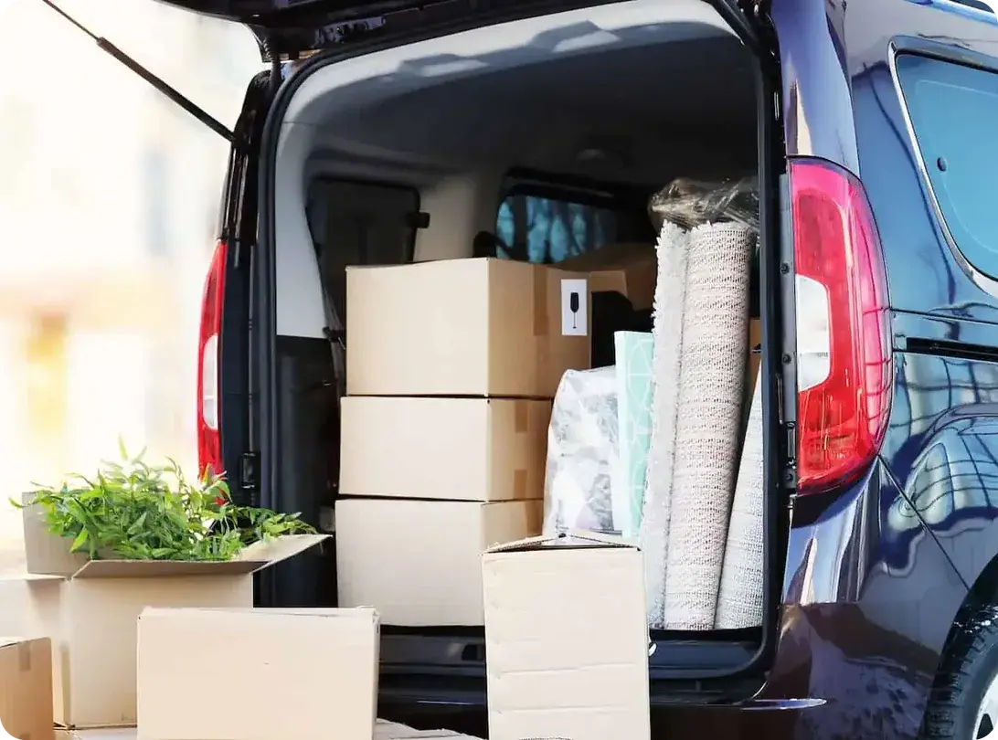 Boxes, a rug and a houseplant loaded into the back of a van