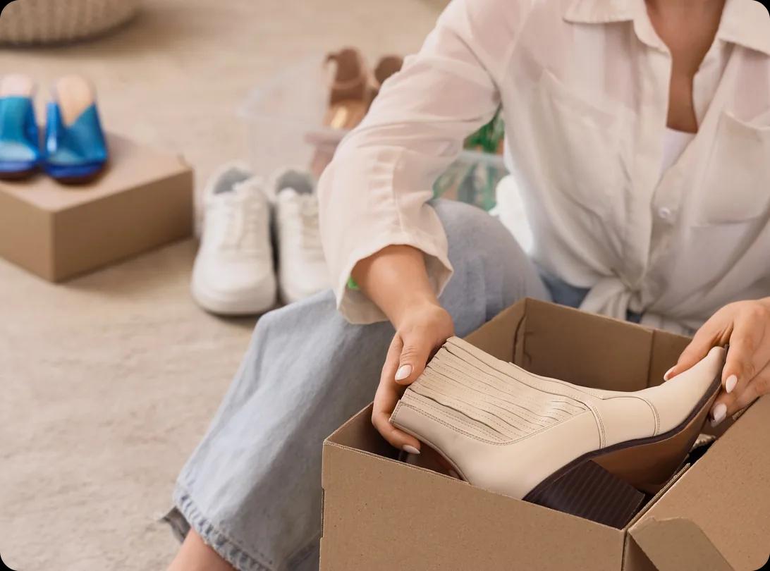 Woman keeping boots in a cardboard box at home