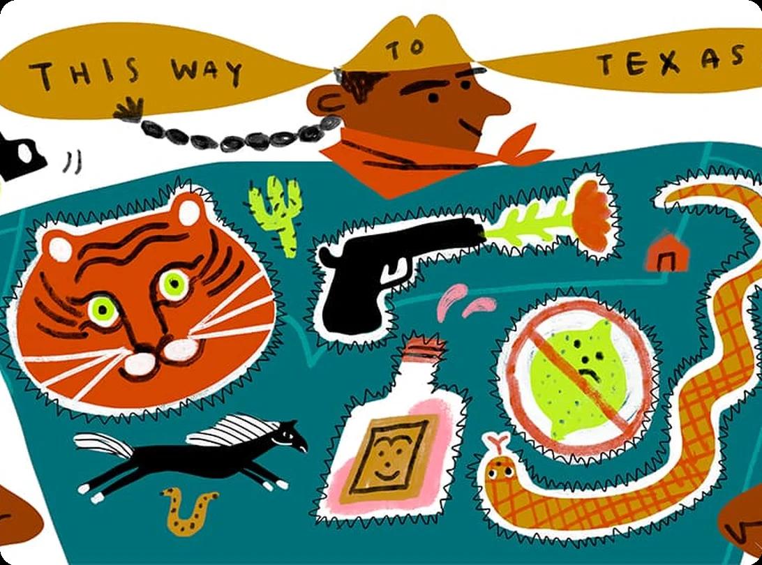 An illustration of a cowboy revolver facing off with an orange at the Texas state border