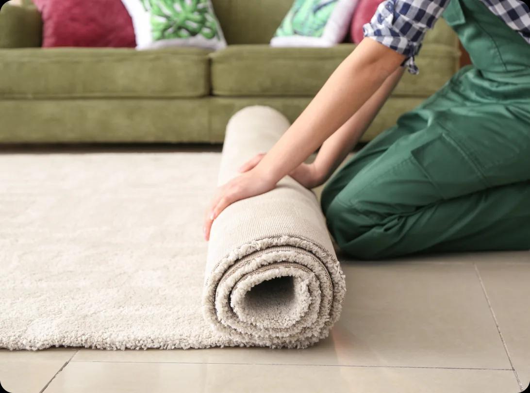 A worker rolling up a rug on the floor of a room