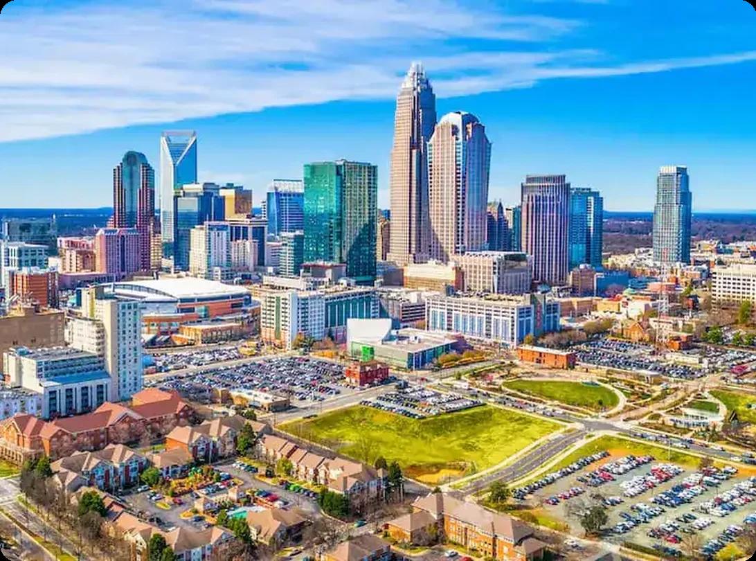 Charlotte NC skyline view with Uptown skyscrapers and colorful buildings