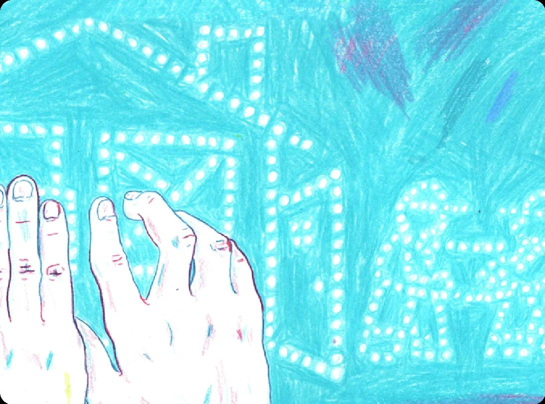 an illustration where two hands run across Braille in the shape of a house and two people moving a box