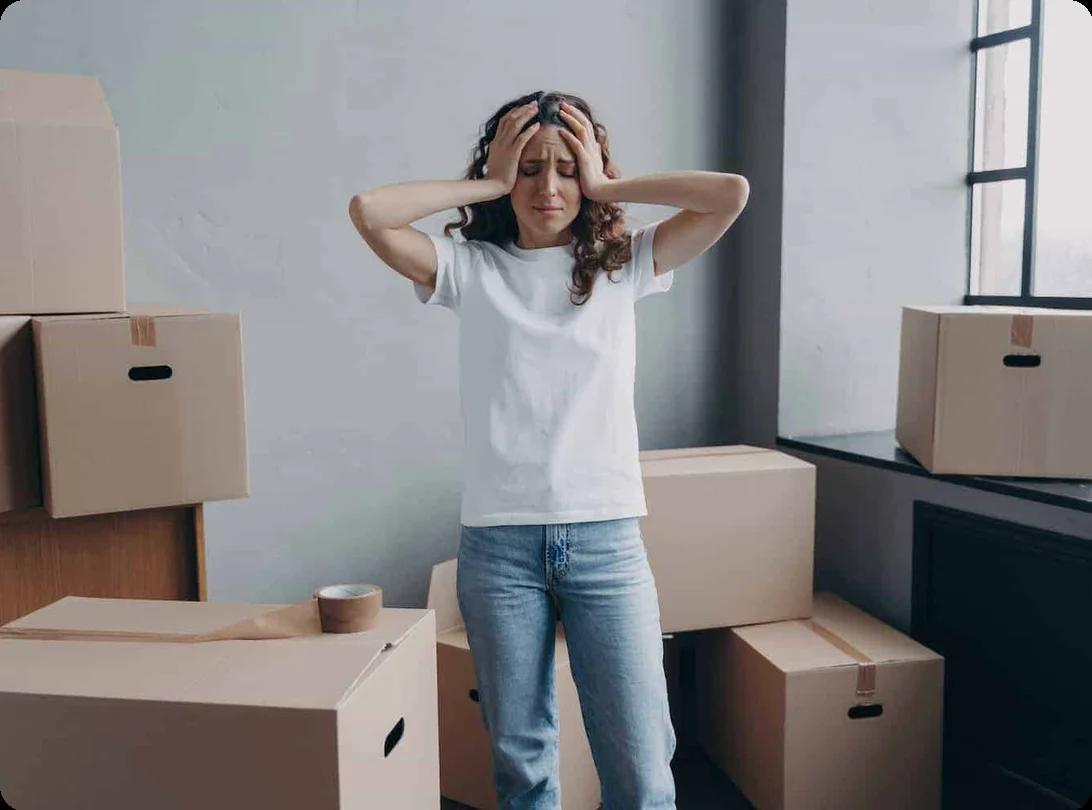 A woman stands in the middle of stacks of moving boxes looking distressed