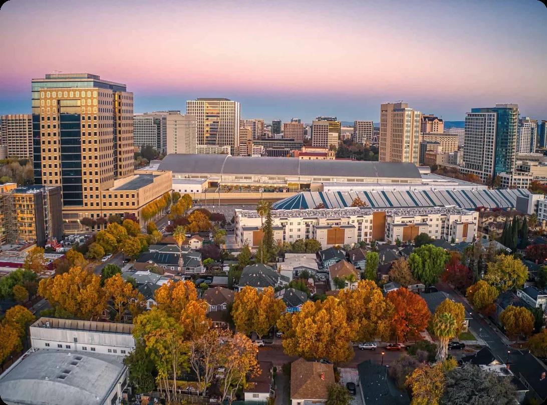 A view of the San Jose skyline at dawn