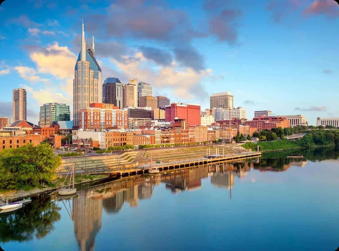 A view of Nashville, TN's skyline over the Cumberland River