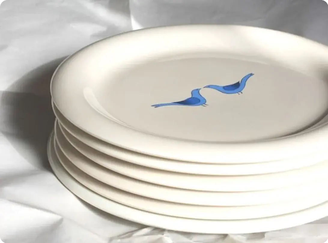Glass dinner plates being individually wrapped in packing paper before placing in a dish-pack box