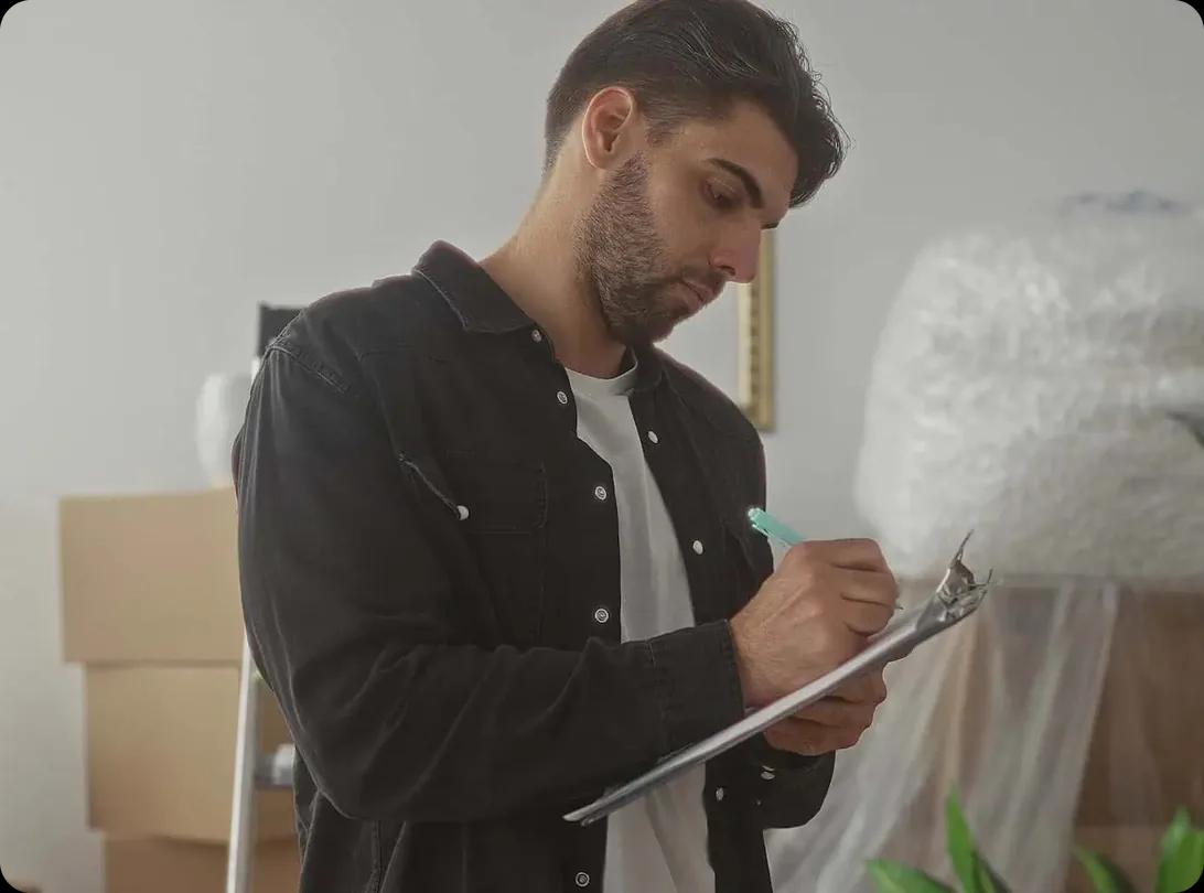 A mover in a dark shirt reviewing moving paperwork on a clipboard beside packed boxes and wrapped furniture.