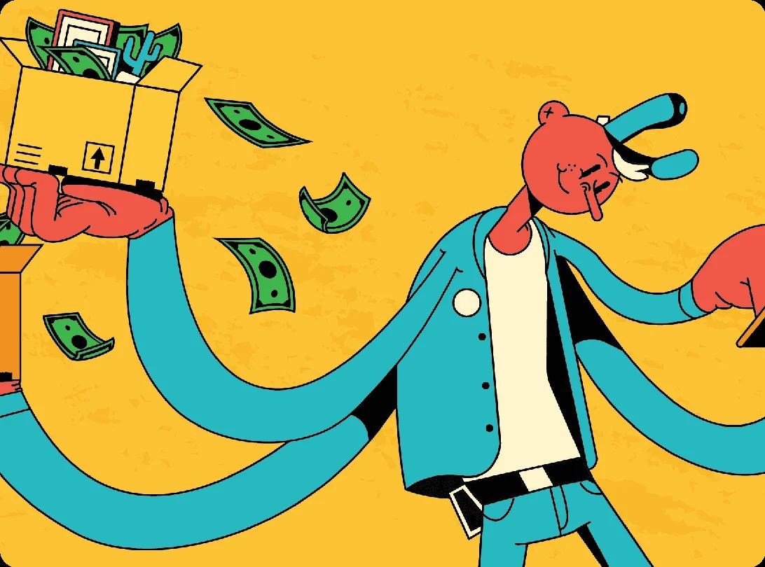A cartoon character making money as a mover