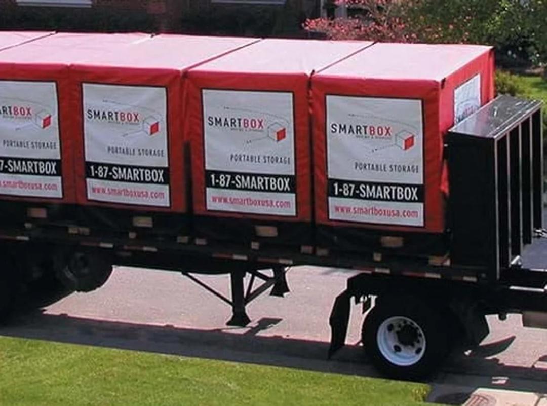 a smartbox portable storage container parked in a residential driveway