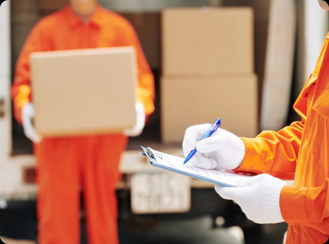 A mover in an orange uniform and white gloves writes on a clipboard while a coworker carries a cardboard box from the back of a moving truck