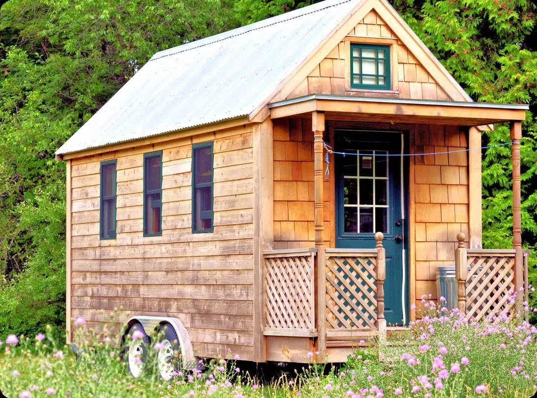 a tiny home on wheels set in the middle of a field