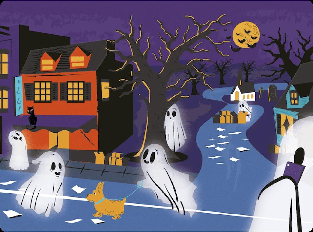 Ghosts flying through a town