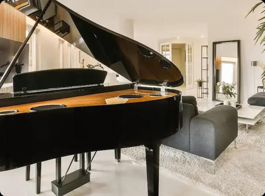 Grand piano in a modern living room ready to be moved by professional piano movers