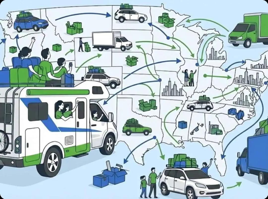 Moving boxes and a moving truck across America