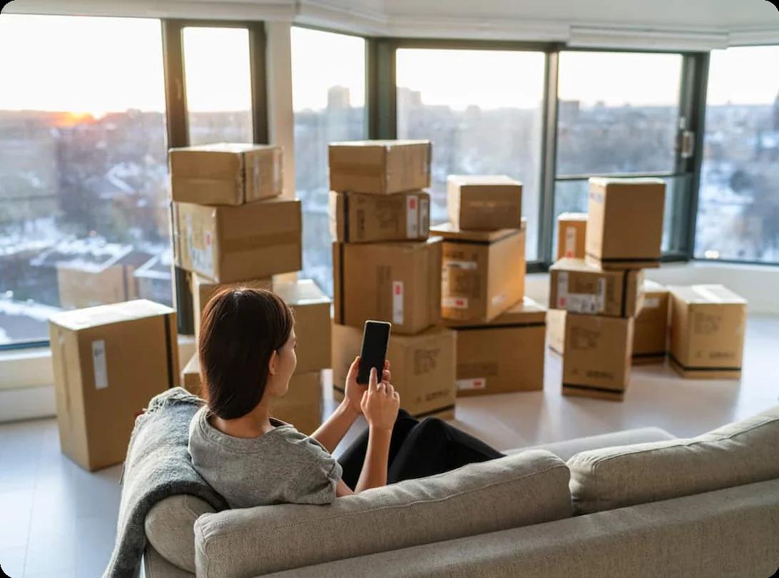 A professional organizer labeling moving boxes in a tidy, well-prepared kitchen