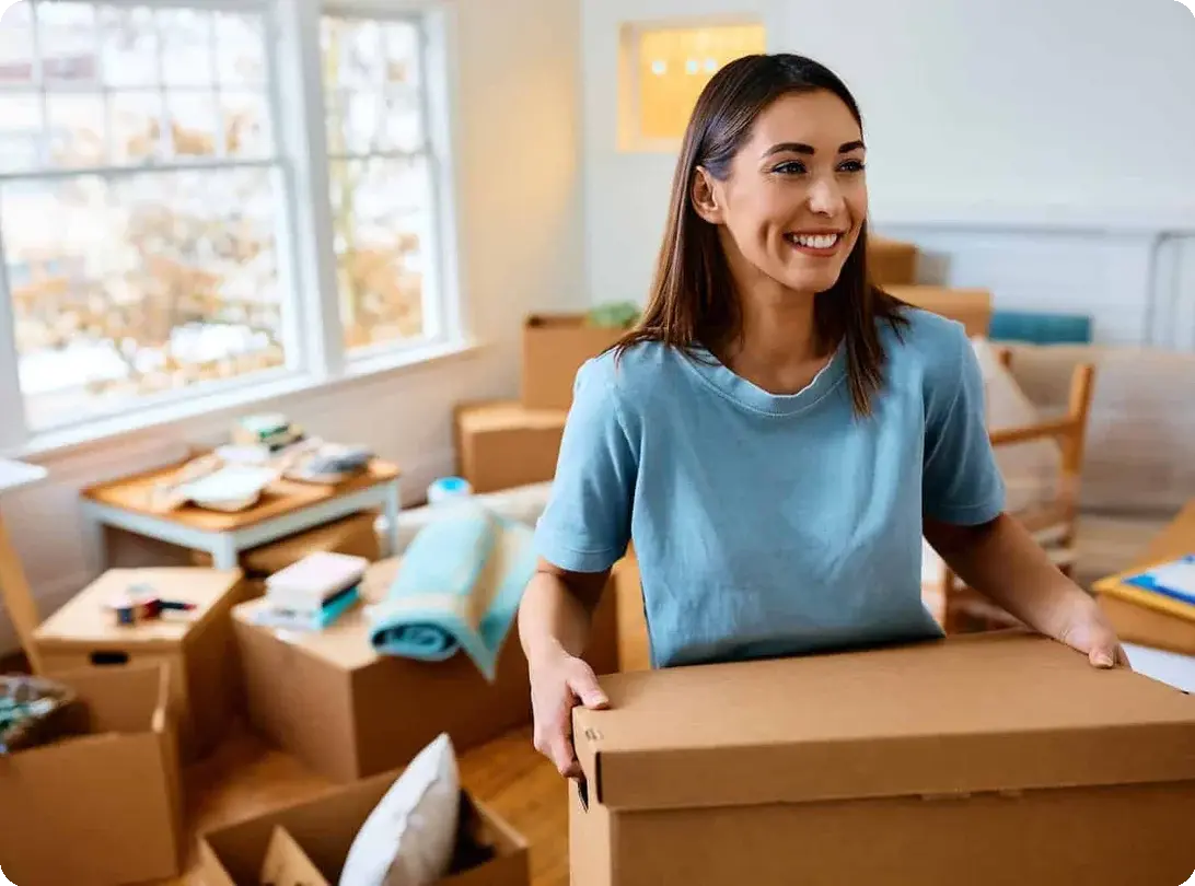 A woman happily carries a cardboard moving box. There are several more behind her in the room she's in