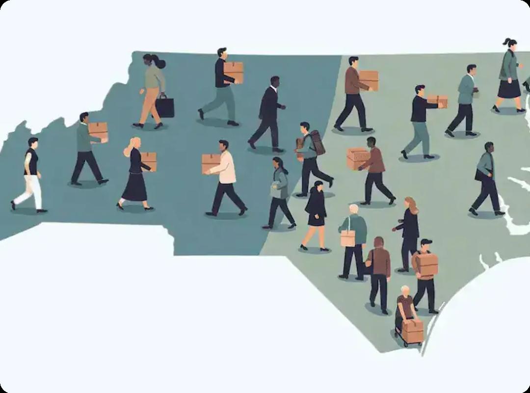Illustration of people moving across North Carolina with boxes, representing North Carolina migration trends