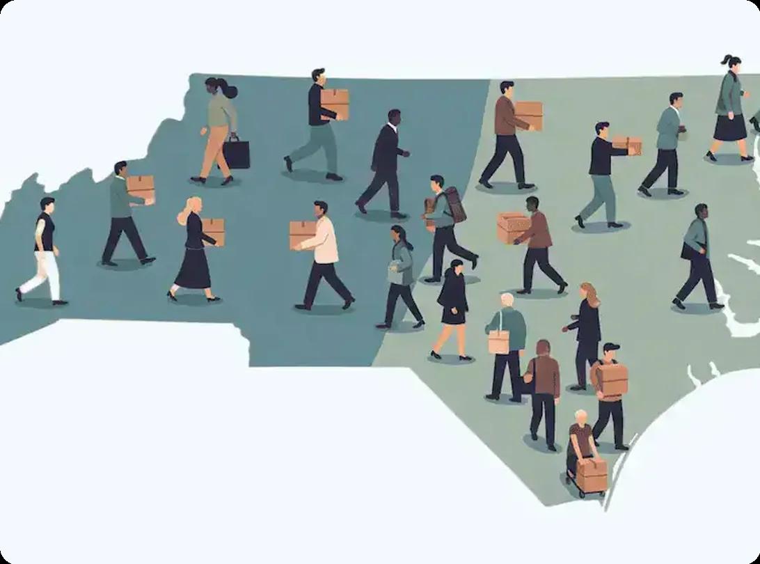 Illustration of people moving across North Carolina with boxes, representing North Carolina migration trends
