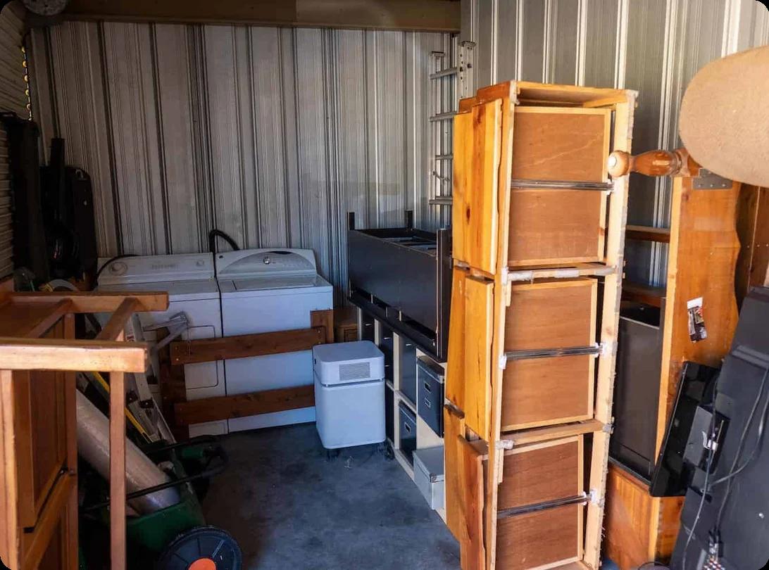 A storage unit filled with furniture