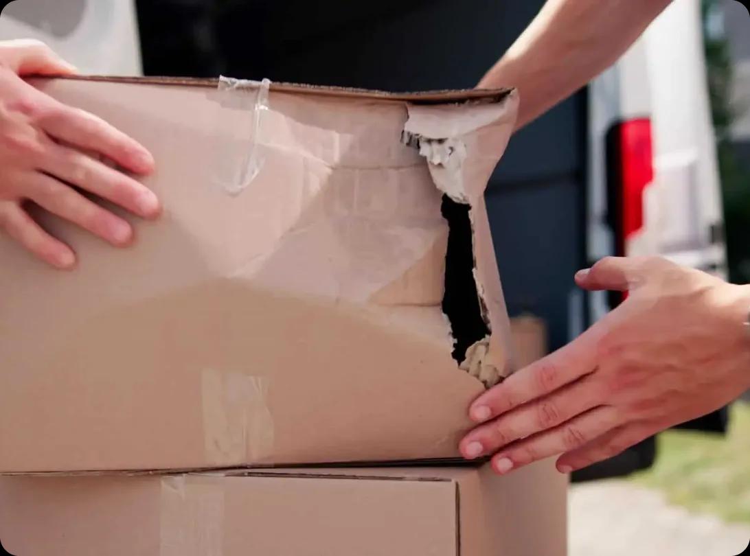 Two people lifting a torn cardboard box beside a moving van