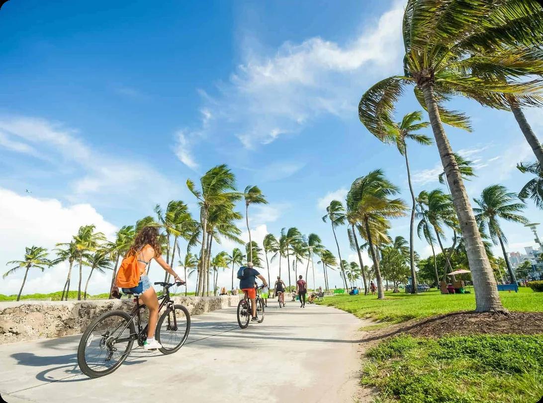 People biking through a tropical setting