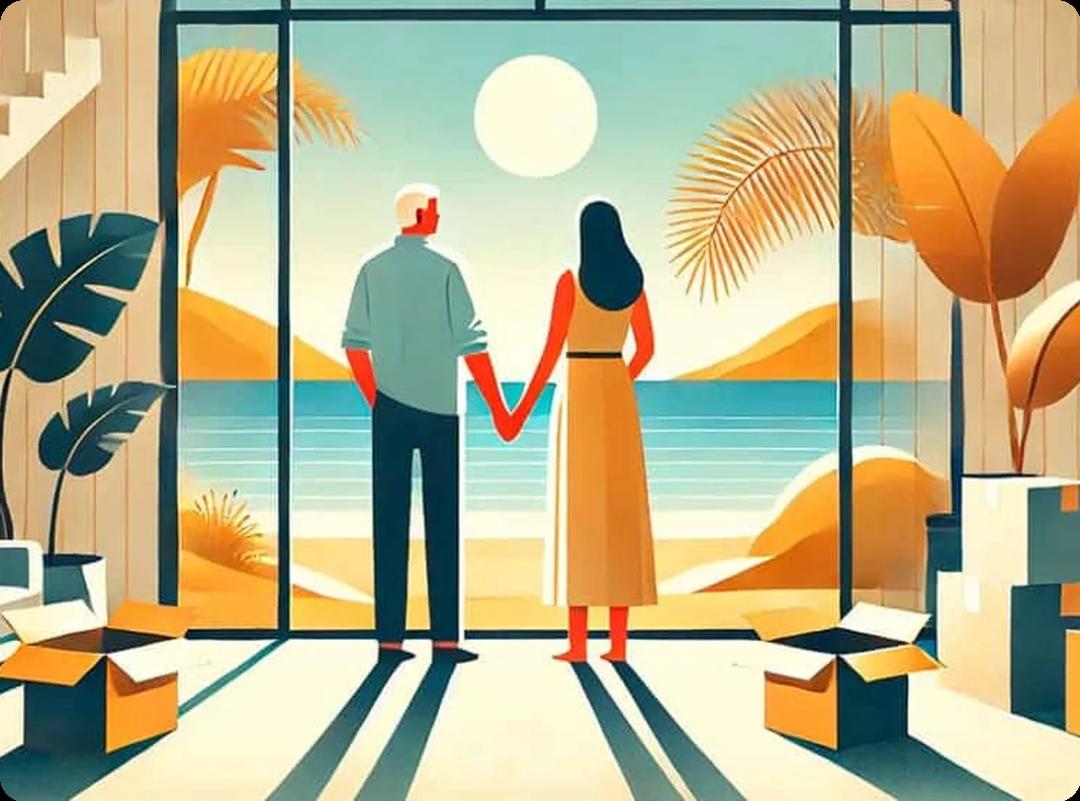 A retired couple holding hands in their new home