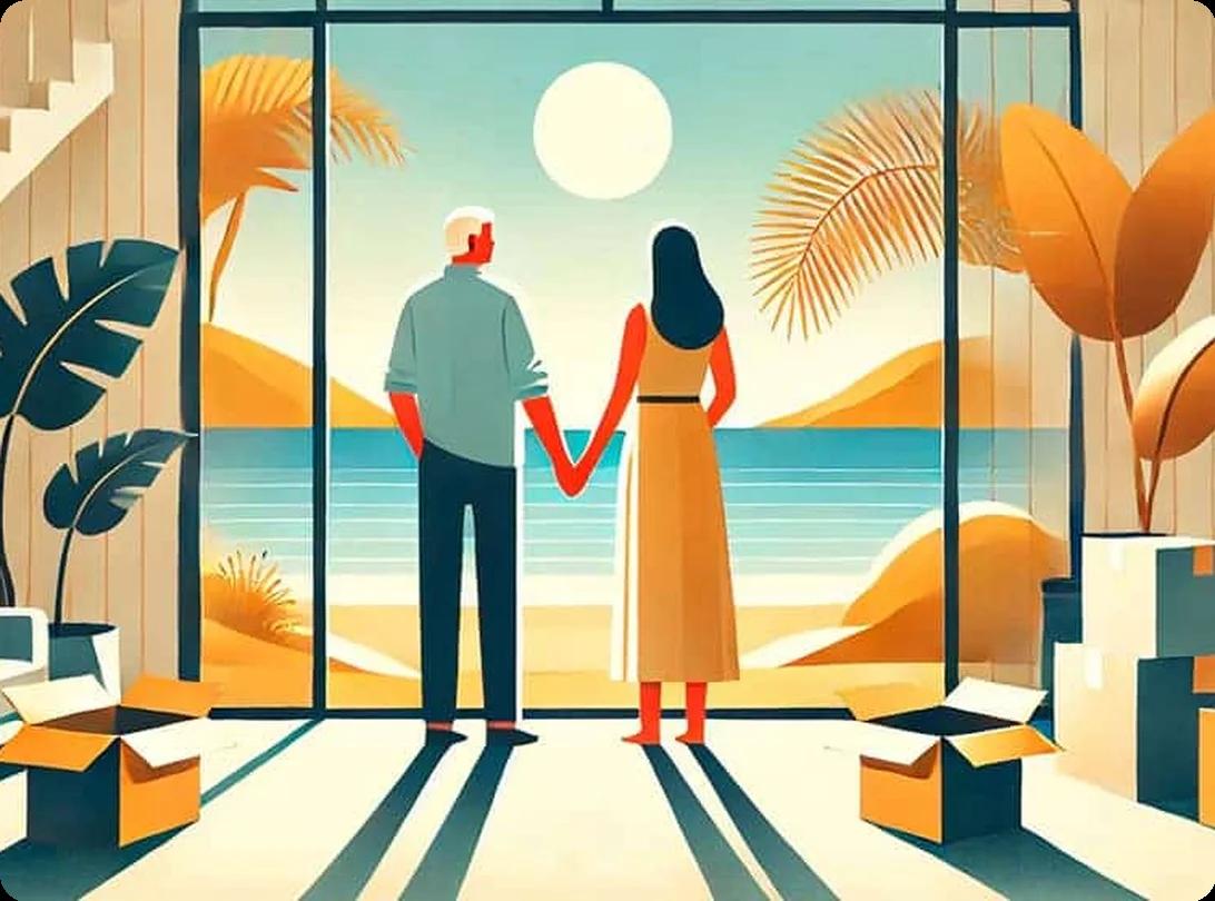 A retired couple holding hands in their new home