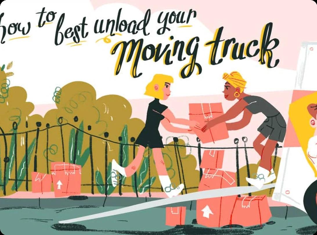 Movers using a ramp to unload boxes and furniture from a moving truck into a home on moving day
