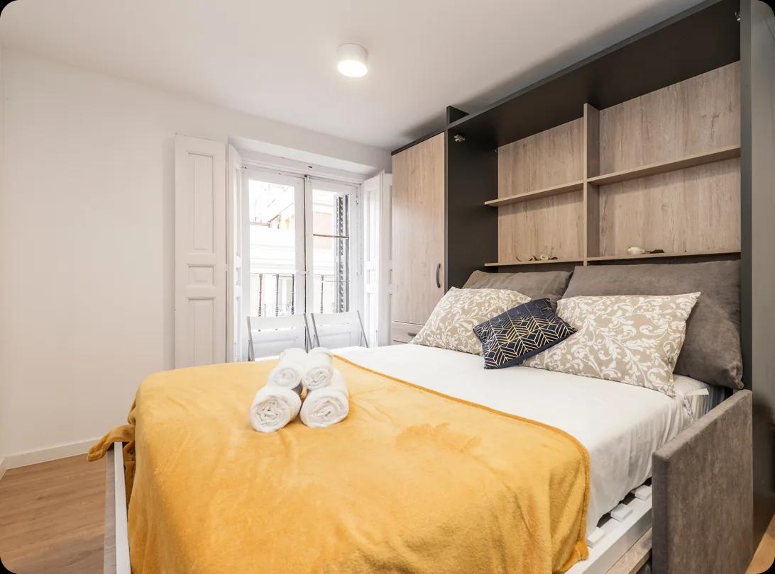 A wardrobe with a pull-down Murphy bed in a bright room