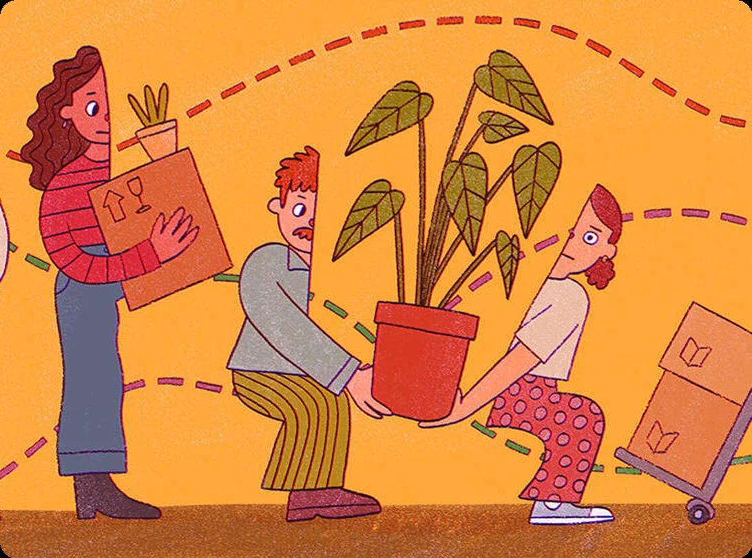 Cartoon people transporting moving boxes