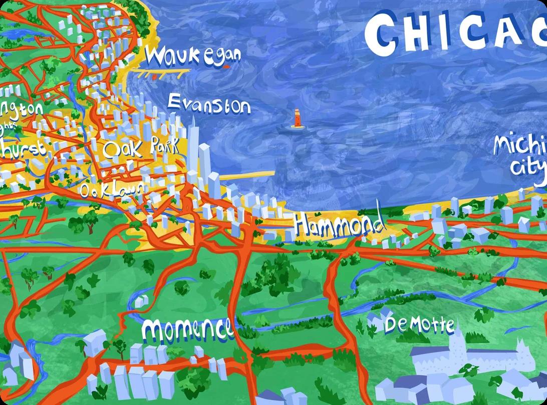 An illustrated hand-painted map of the Chicago metropolitan area labeled "Chicagoland" with neighborhood and suburb names
