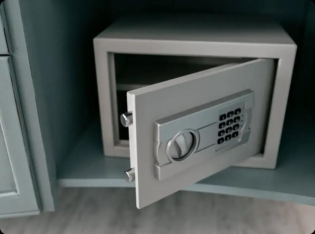 a gray home safe sits open
