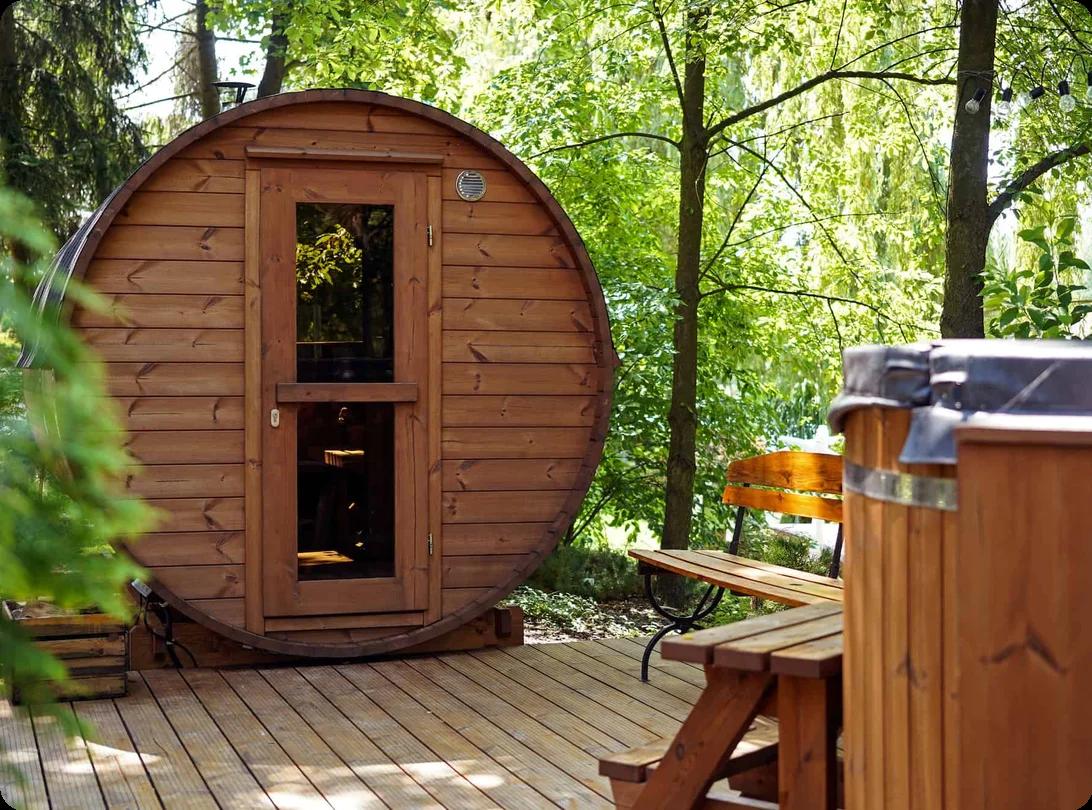 a wooden outdoor barrel sauna
