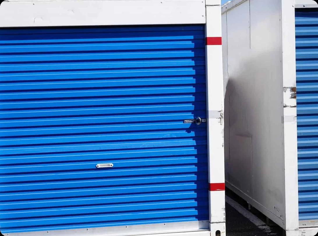 an image of two moving containers with blue doors set side by side