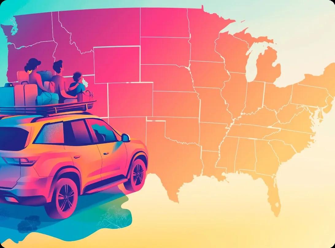 A colorful depiction of the U.S. and a family moving cross-country